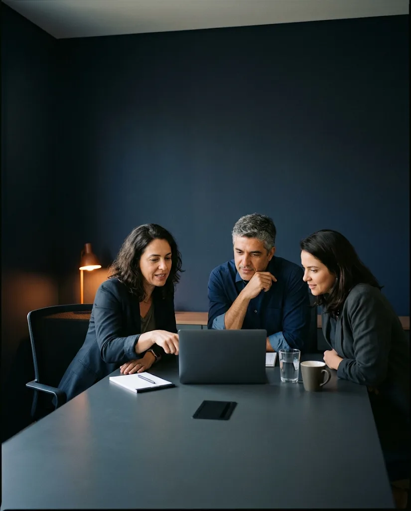 Equipe reunida acompanhando uma demonstração da plataforma no notebook