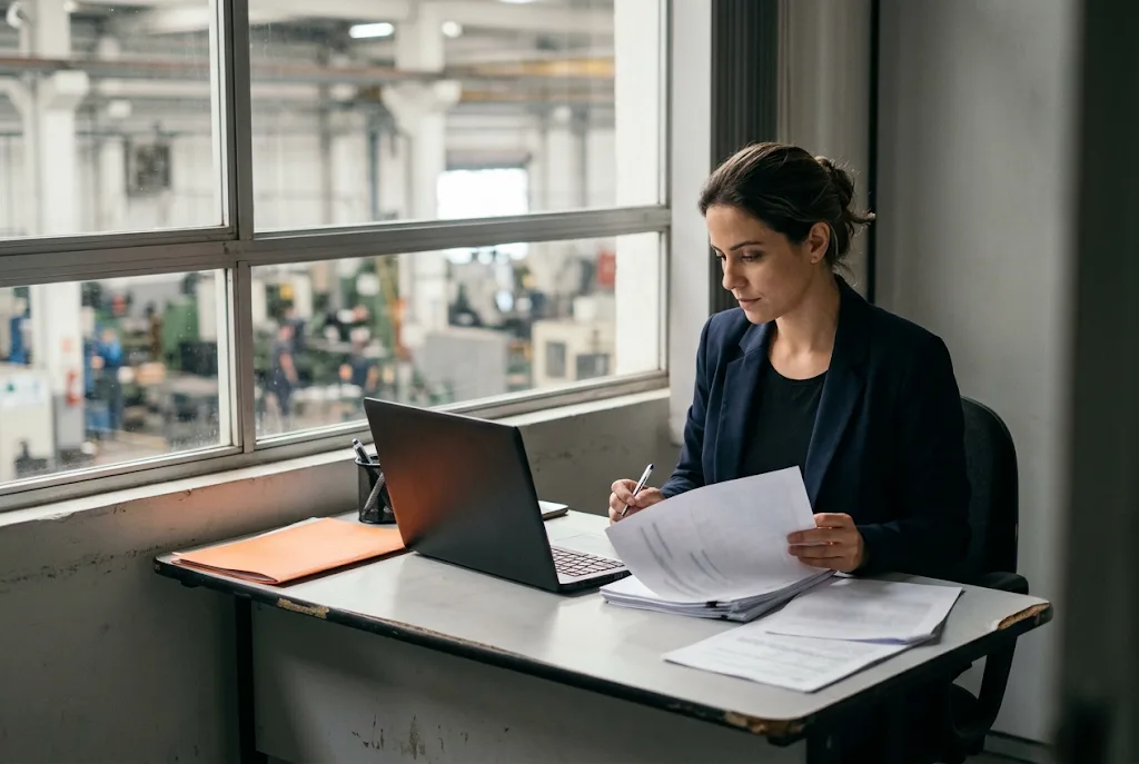 Gestora de qualidade analisando os indicadores dos fornecedores no escritório