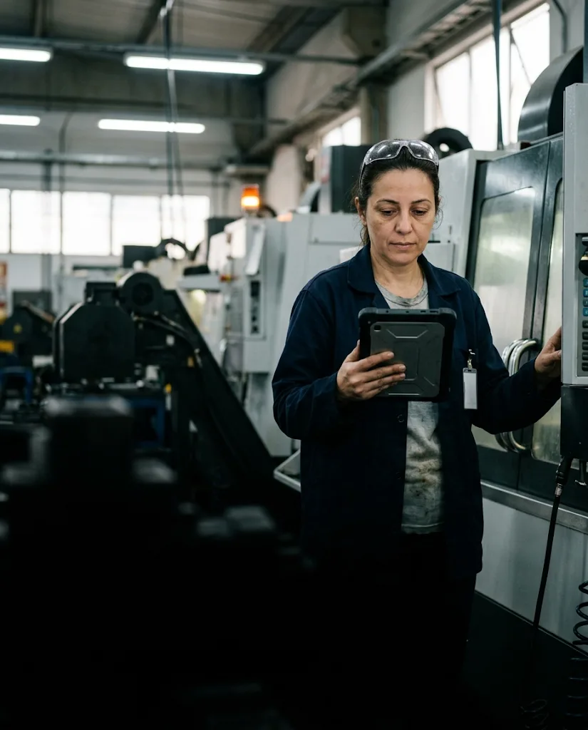 Auditora com tablet conferindo itens em uma linha de produção